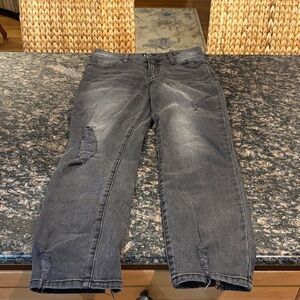 letter to juliet jeans; size 25; distressed black jeans; detail at ankles